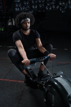 Focused young man using rowing machine for workout at an indoor gym, promoting fitness and well-being.